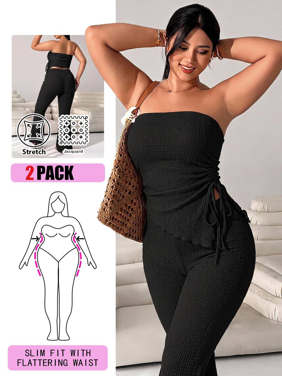 Solflare 2pcs Set: Black Bandeau Top And Flare Pants, Plus Size, Spring Summer Clothes Vacation Sexy Going Out - Black - View 1