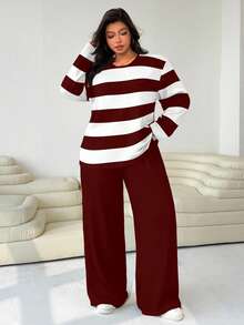 Solflare Plus Size Women 2 Pieces Set: Loose Round Neck T-Shirt And Straight Leg Pants Red Fall - Burgundy - View 5