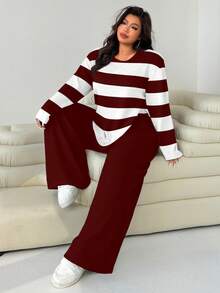 Solflare Plus Size Women 2 Pieces Set: Loose Round Neck T-Shirt And Straight Leg Pants Red Fall - Burgundy - View 4