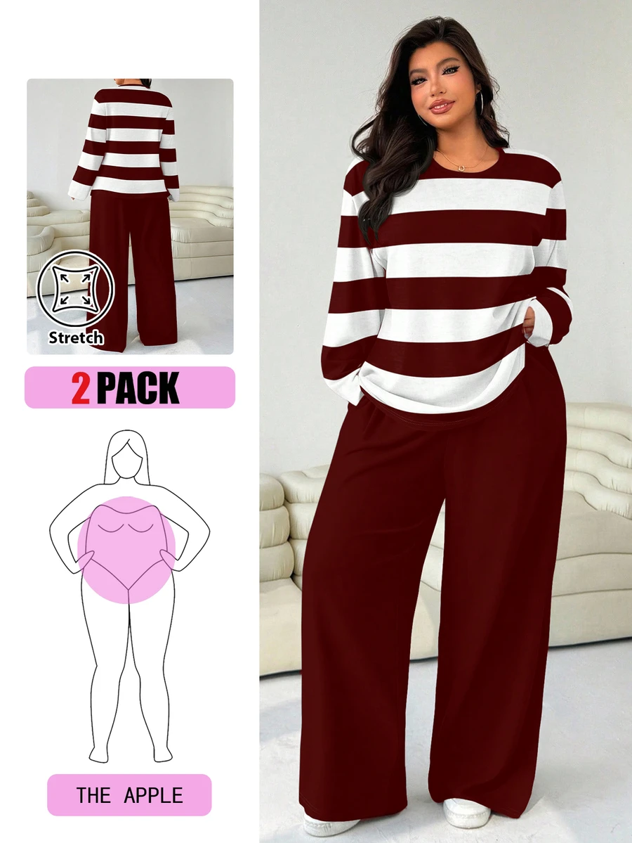 Solflare Plus Size Women 2 Pieces Set: Loose Round Neck T-Shirt And Straight Leg Pants Red Fall - Burgundy - View 1