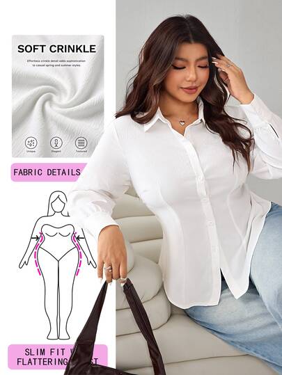 Solflare Camisa de mujer talla grande unicolor manga larga abotonada sencilla ajustada casual elegante/formal de trabajo oficina confirmación/otoño/blanco