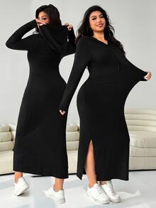 Solflare Plus Size Women's Hooded Drawstring Slim Fit Long Sleeve Ribbed Dress Autumn/Winter Back To School Christmas Office Black Traditional Business - Black - View 6