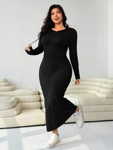 Solflare Plus Size Women's Hooded Drawstring Slim Fit Long Sleeve Ribbed Dress Autumn/Winter Back To School Christmas Office Black Traditional Business - Black - View 7