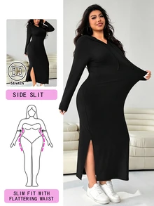 Solflare Plus Size Women's Hooded Drawstring Slim Fit Long Sleeve Ribbed Dress Autumn/Winter Back To School Christmas Office Black Traditional Business - Black - View 1