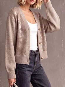 Wandoria Cardigan Rajut Lengan Panjang Wanita Model Terbaru Musim Gugur, Kerah V, Bordir Komputer, Payet, Modis, Personalisasi, Serbaguna, Cocok untuk Perjalanan Sehari-hari, Kancing Logam - Aprikot - View 6
