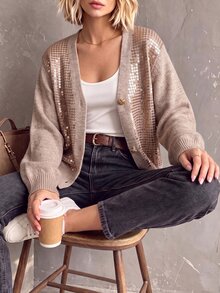 Wandoria Cardigan Rajut Lengan Panjang Wanita Model Terbaru Musim Gugur, Kerah V, Bordir Komputer, Payet, Modis, Personalisasi, Serbaguna, Cocok untuk Perjalanan Sehari-hari, Kancing Logam - Aprikot - View 5