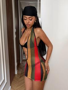 Fiercella Fiercella 女款時尚紅色條紋鉤編針織背心洋裝，海灘俱樂部派對穿搭，夏季度假造型，性感熱帶風 Afro 時尚穿搭 - 彩色 - 查看 4