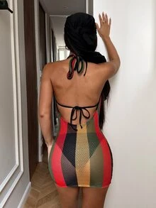 Fiercella Fiercella 女款時尚紅色條紋鉤編針織背心洋裝，海灘俱樂部派對穿搭，夏季度假造型，性感熱帶風 Afro 時尚穿搭 - 彩色 - 查看 2