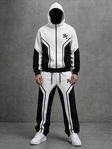 SHEIN Coolqubz Teen Boys 2pcs Outfits, "NY" Letter Graphic Print Geometric Colorblock Full Zip Up Hooded Jacket & Drawstring Sweatpants Tracksuit Set With Pocket - Black and White - View 9