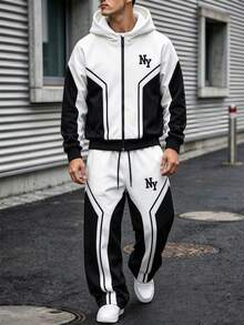 SHEIN Coolqubz Teen Boys 2pcs Outfits, "NY" Letter Graphic Print Geometric Colorblock Full Zip Up Hooded Jacket & Drawstring Sweatpants Tracksuit Set With Pocket - Black and White - View 2