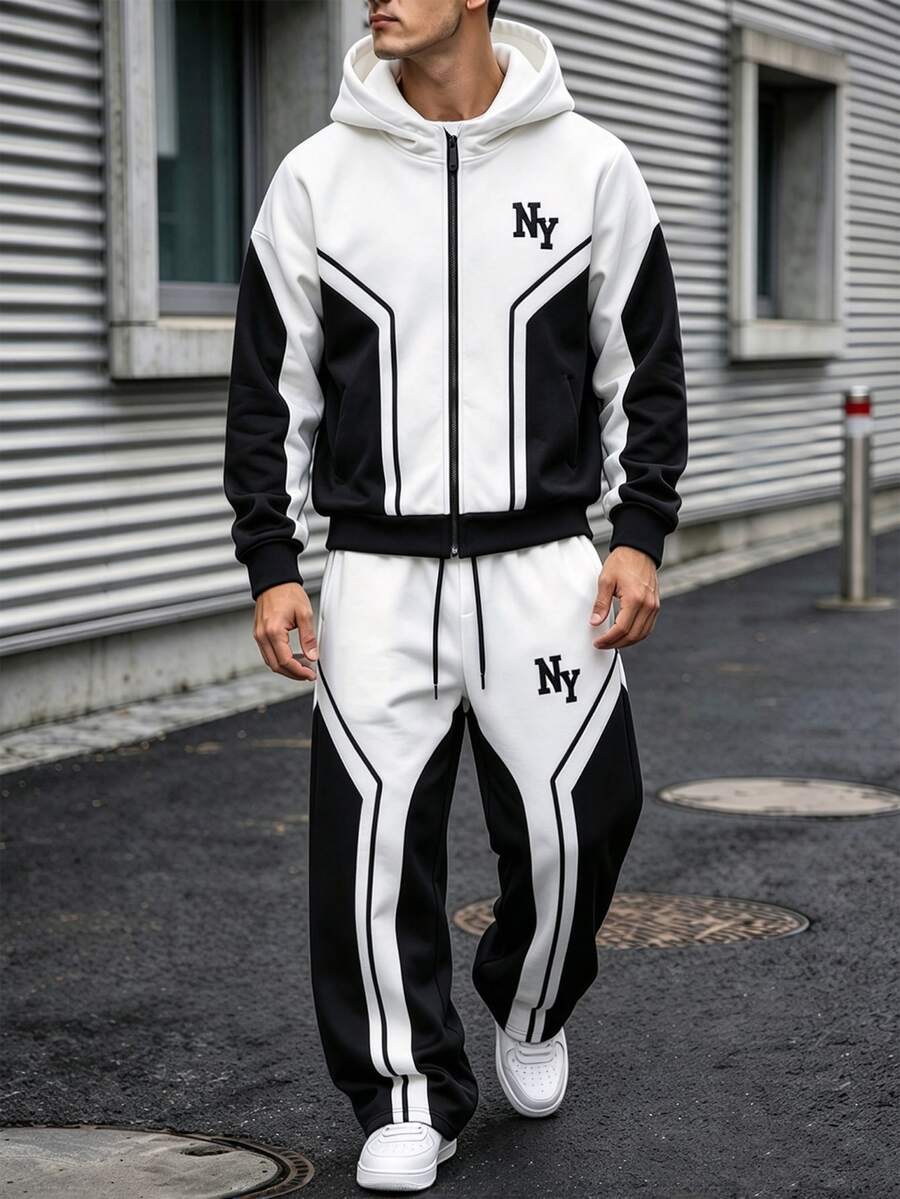 SHEIN Coolqubz Teen Boys 2pcs Outfits, "NY" Letter Graphic Print Geometric Colorblock Full Zip Up Hooded Jacket & Drawstring Sweatpants Tracksuit Set With Pocket