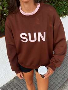 Fluxe Women's Letter Graphic Print Sweatshirt For Women, Scuba Fabric Contrast Color Double Layer Crewneck, Oversized Casual Pullover Long Sleeve Top Fall - Brown - View 10