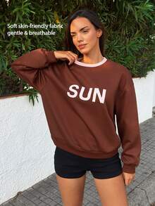 Fluxe Women's Letter Graphic Print Sweatshirt For Women, Scuba Fabric Contrast Color Double Layer Crewneck, Oversized Casual Pullover Long Sleeve Top Fall - Brown - View 5