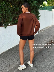 Fluxe Women's Letter Graphic Print Sweatshirt For Women, Scuba Fabric Contrast Color Double Layer Crewneck, Oversized Casual Pullover Long Sleeve Top Fall - Brown - View 12