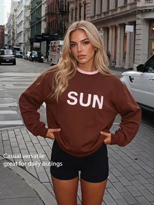 Fluxe Women's Letter Graphic Print Sweatshirt For Women, Scuba Fabric Contrast Color Double Layer Crewneck, Oversized Casual Pullover Long Sleeve Top Fall - Brown - View 2