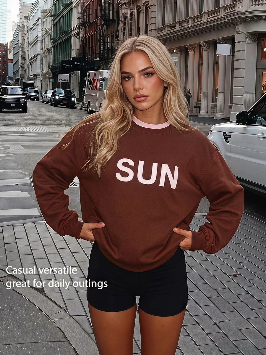 Fluxe Women's Letter Graphic Print Sweatshirt For Women, Scuba Fabric Contrast Color Double Layer Crewneck, Oversized Casual Pullover Long Sleeve Top Fall