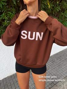 Fluxe Women's Letter Graphic Print Sweatshirt For Women, Scuba Fabric Contrast Color Double Layer Crewneck, Oversized Casual Pullover Long Sleeve Top Fall - Brown - View 14