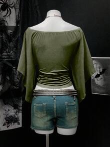 EgrlEra Women's Solid Color Fashionable Off Shoulder Cinched Waist Retro Sexy T-Shirt - Army Green - View 2