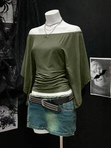 EgrlEra Women's Solid Color Fashionable Off Shoulder Cinched Waist Retro Sexy T-Shirt - Army Green - View 5