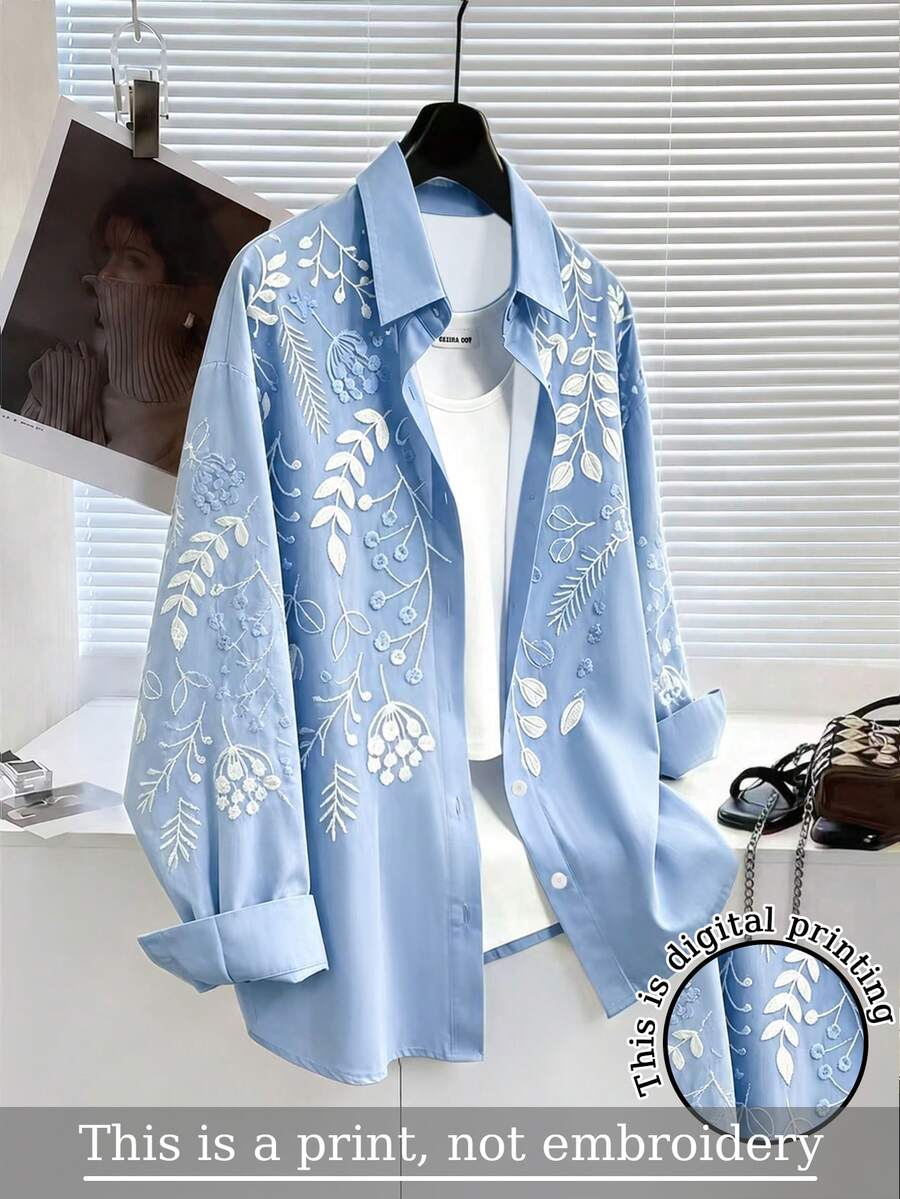 Resyla [Printed Design] Women's Casual Floral Print Collared Button-Up Shirt, Light Blue Loose Long Sleeve Top, Retro Leaf Print Blouse, Versatile Daily Wear - Multicolor - View 1