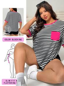 Solflare Women Plus Size Striped Patchwork Pocket Short Sleeve T-Shirt, Summer - Multicolor - View 2