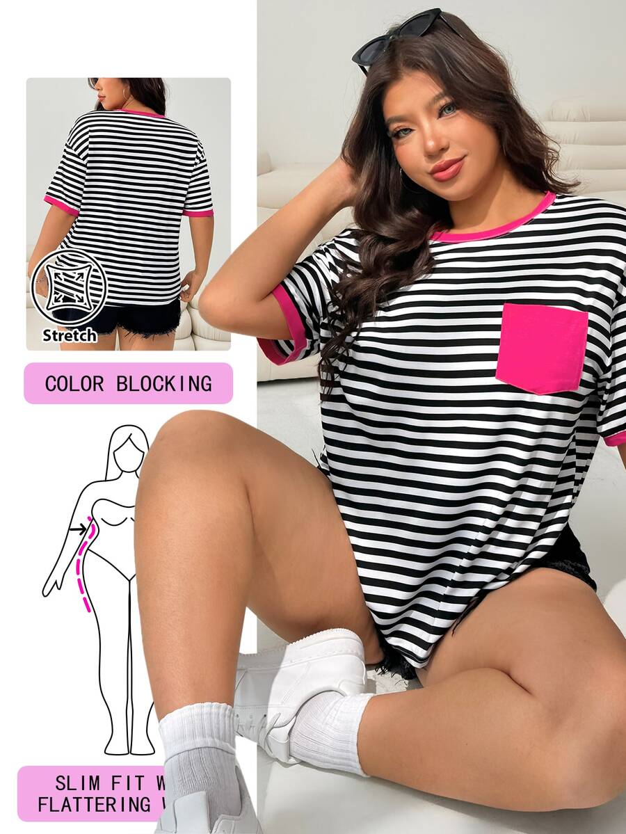 Solflare Women Plus Size Striped Patchwork Pocket Short Sleeve T-Shirt, Summer