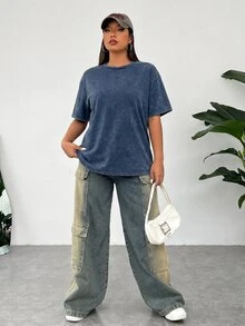 Solflare Plus Size Acid Washed Look Vintage Knitted Distressed Loose Fit Short Sleeve T-Shirt - Navy Blue - View 6