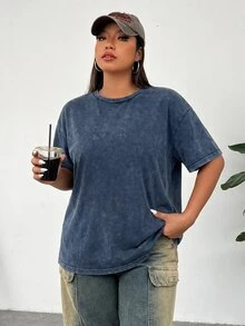 Solflare Plus Size Acid Washed Look Vintage Knitted Distressed Loose Fit Short Sleeve T-Shirt - Navy Blue - View 3