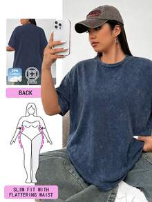 Solflare Plus Size Acid Washed Look Vintage Knitted Distressed Loose Fit Short Sleeve T-Shirt - Navy Blue - View 1
