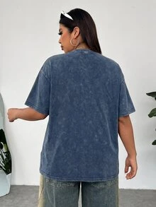 Solflare Plus Size Acid Washed Look Vintage Knitted Distressed Loose Fit Short Sleeve T-Shirt - Navy Blue - View 2
