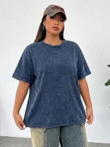 Solflare Plus Size Acid Washed Look Vintage Knitted Distressed Loose Fit Short Sleeve T-Shirt - Navy Blue - View 4