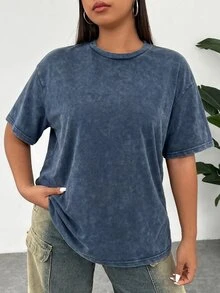 Solflare Plus Size Acid Washed Look Vintage Knitted Distressed Loose Fit Short Sleeve T-Shirt - Navy Blue - View 5