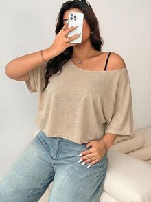 Solflare Plus Size Khaki Casual Summer T-Shirt - Khaki - View 7