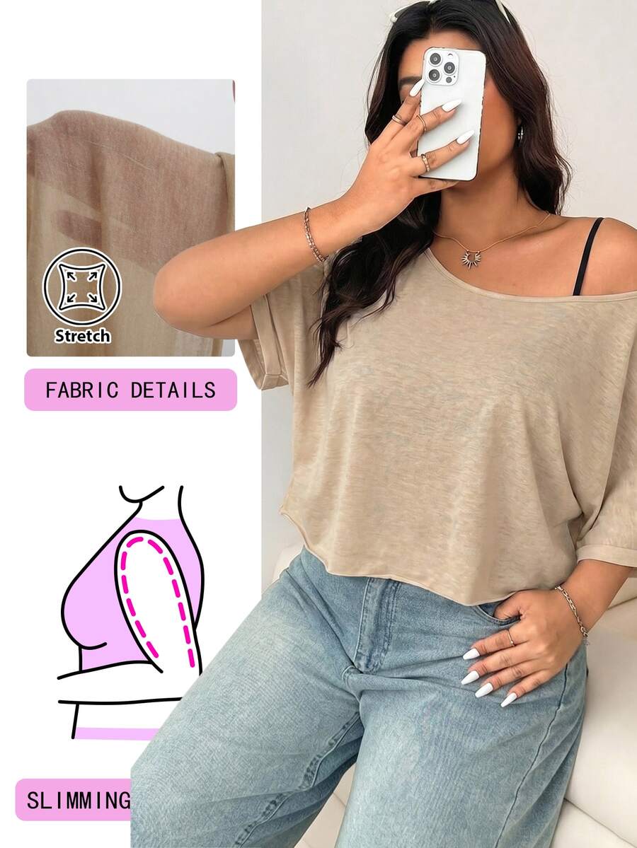 Solflare Plus Size Khaki Casual Summer T-Shirt - Khaki - View 1