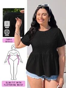 Solflare Black Embroidery Hollow Out Plus Size T-Shirt, Fashionable For Summer - Black - View 2