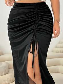 Solflare Plus Size Women Solid Color Drawstring Side Slit Hem Fashion Skirt Valentine's Day Night Party Black Summer Sexy 70's - Black - View 10