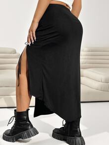 Solflare Plus Size Women Solid Color Drawstring Side Slit Hem Fashion Skirt Valentine's Day Night Party Black Summer Sexy 70's - Black - View 3