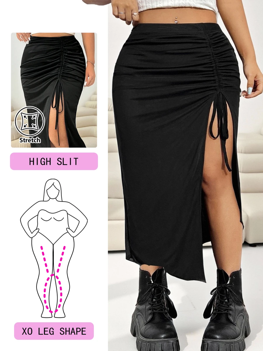 Solflare Plus Size Women Solid Color Drawstring Side Slit Hem Fashion Skirt Valentine's Day Night Party Black Summer Sexy 70's