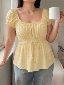 Solflare Plus Size Pale Yellow Hollow-Out Semi-Sheer T-Shirt, Summer - Pale Yellow - View 4