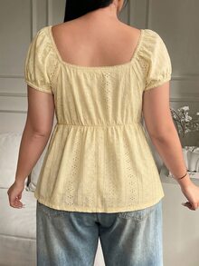 Solflare Plus Size Pale Yellow Hollow-Out Semi-Sheer T-Shirt, Summer - Pale Yellow - View 2