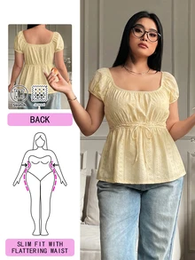 Solflare Plus Size Pale Yellow Hollow-Out Semi-Sheer T-Shirt, Summer - Pale Yellow - View 1
