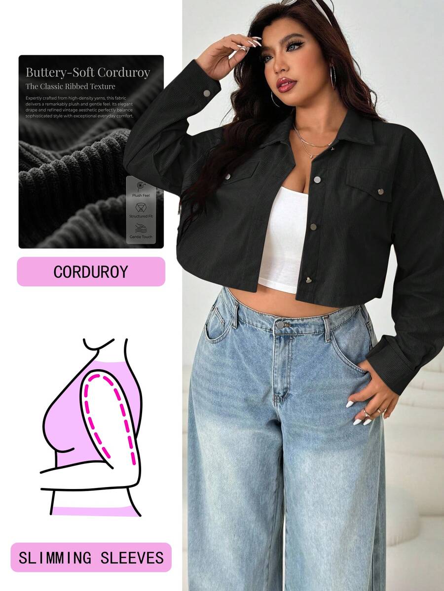 Solflare Plus Size Women's Black Long Sleeve Single-Breasted Casual Jacket Autumn Winter Fall - Black - View 1