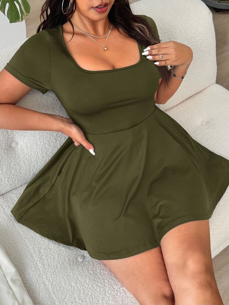 Solflare Plus Size Solid Color Square Neck Pocket Casual Short Sleeve Jumpsuit For Summer,Back To School - Army Green - View 9