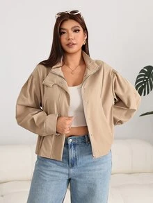Solflare Plus Size Women Solid Color Stand Collar Minimalist Simple Casual Classic Pocket Zipper Jacket Autumn Fashion Week - Khaki - View 3