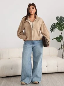 Solflare Plus Size Women Solid Color Stand Collar Minimalist Simple Casual Classic Pocket Zipper Jacket Autumn Fashion Week - Khaki - View 4