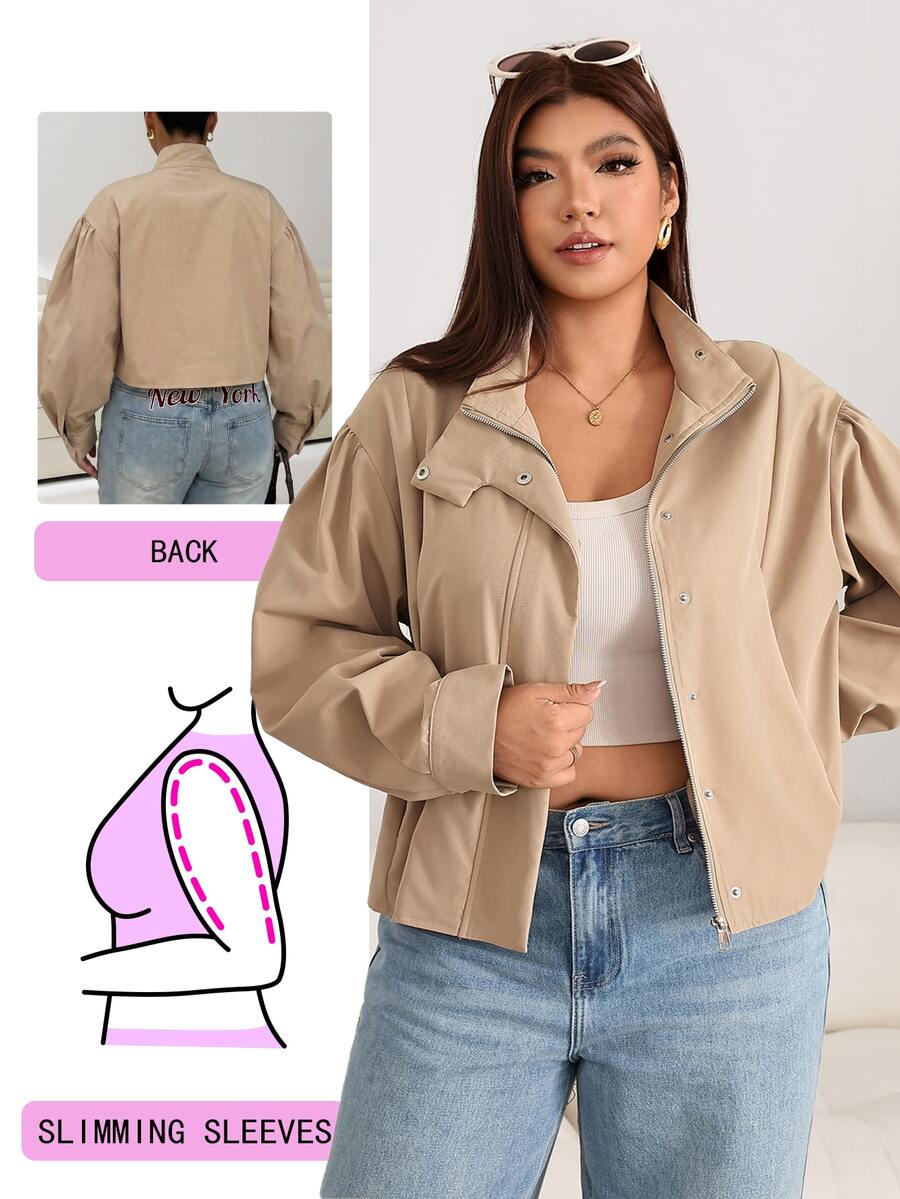 Solflare Plus Size Women Solid Color Stand Collar Minimalist Simple Casual Classic Pocket Zipper Jacket Autumn Fashion Week - Khaki - View 1
