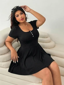 Solflare Plus Size Women's Square Neck Black Short Sleeve Jumpsuit, Summer - Black - View 4