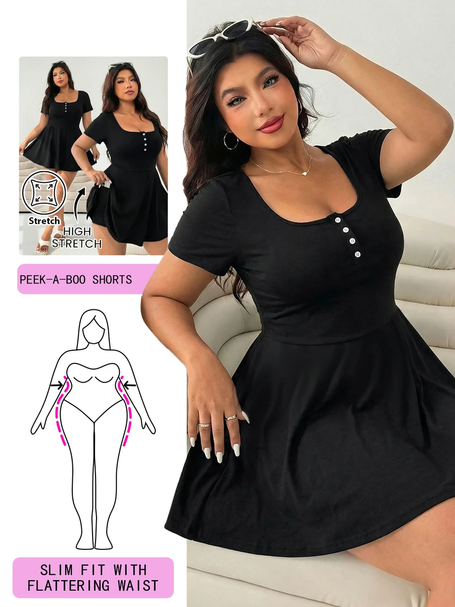 Solflare Plus Size Women's Square Neck Black Short Sleeve Jumpsuit, Summer - Black - View 1