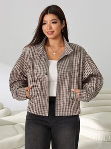 Solflare New Versatile Retro Mocha Brown Plaid Print Woven Loose Fit Plus Size Jacket For Outings, Dates And City Walks Fall - Multicolor - View 4
