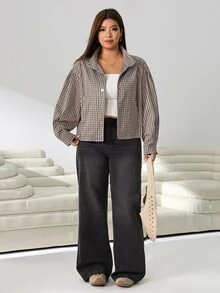 Solflare New Versatile Retro Mocha Brown Plaid Print Woven Loose Fit Plus Size Jacket For Outings, Dates And City Walks Fall - Multicolor - View 5